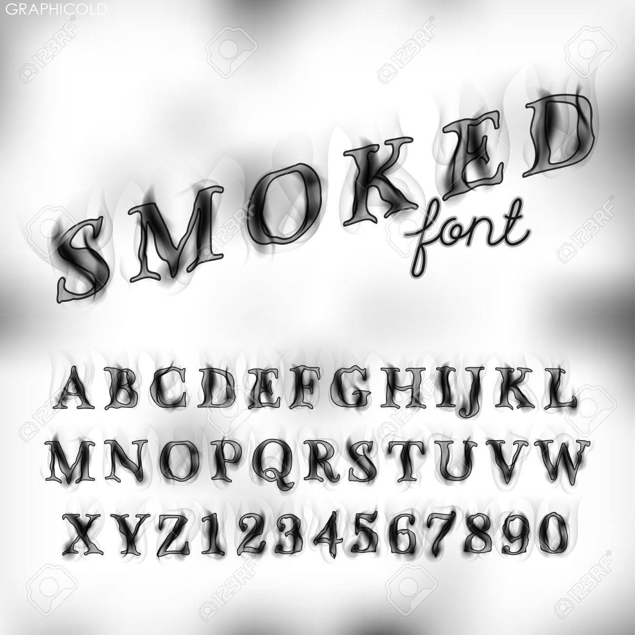 Smoked Burnt Alphabet Font Set, Letters And Numbers